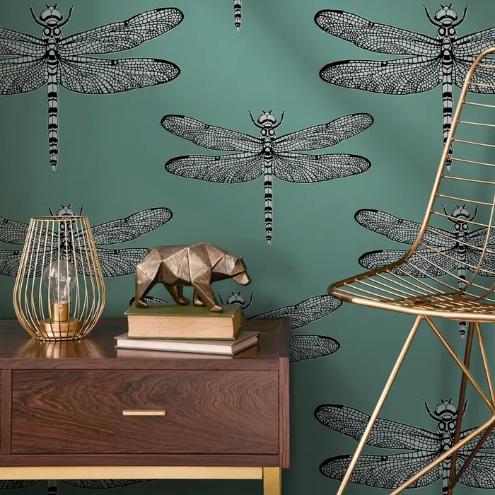 Insect Wallpaper With A Detailed Dragonfly Motif In Teal, Black, And Gray – B996