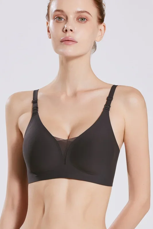 Invisible Seamless Plunge Nursing Bra with Mesh Insert, Anthracite