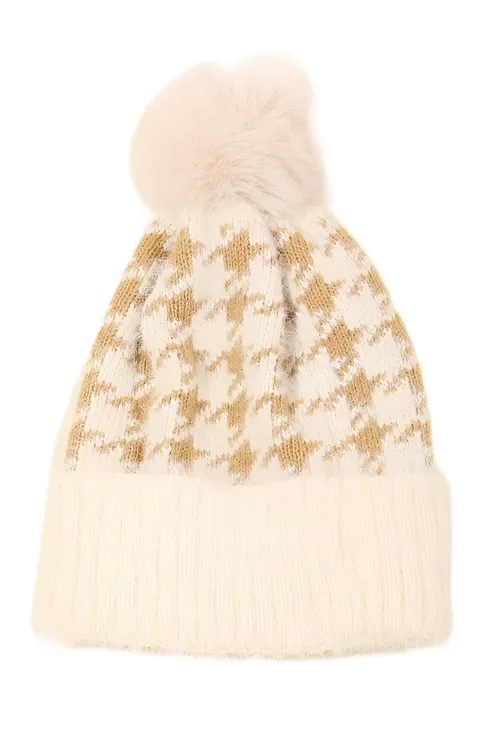 Ivory Houndstooth Pom Pom Beanie
