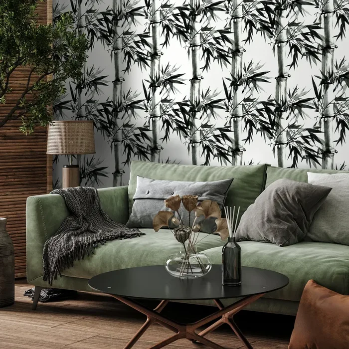 Japanese Wallpaper With An Ink Wash Bamboo Motif In Black And White – B051