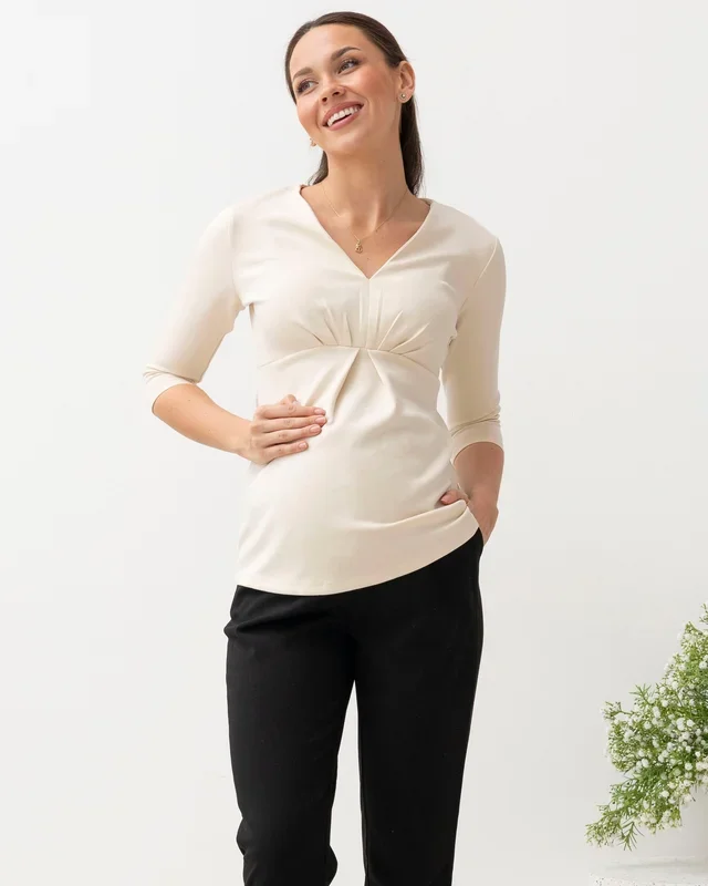 Jenni Half Sleeve Maternity V-Neck Work Top in Beige