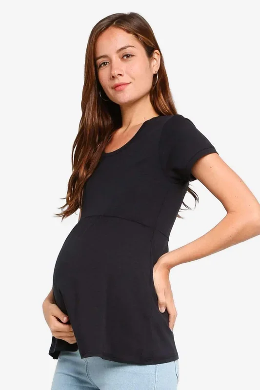 Jenny Round Neck Empire Line Black Short Sleeve Maternity Top