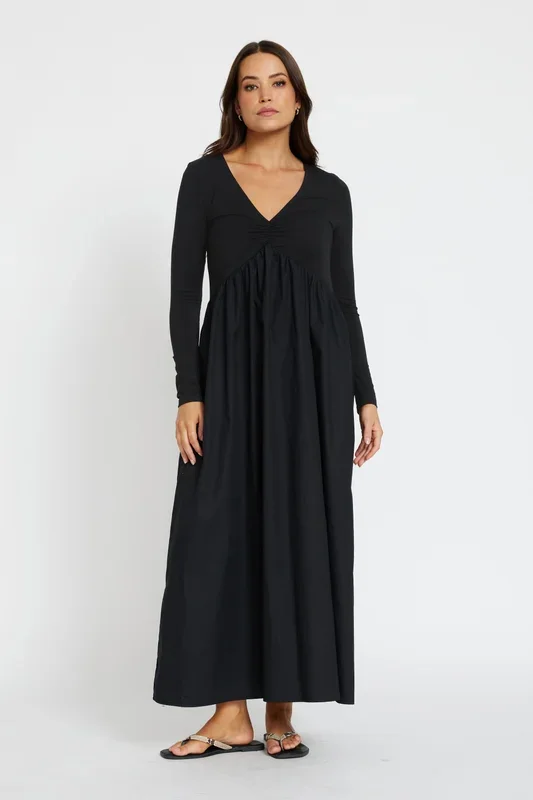 Jocelyn Combination Babydoll Maxi Dress – Black