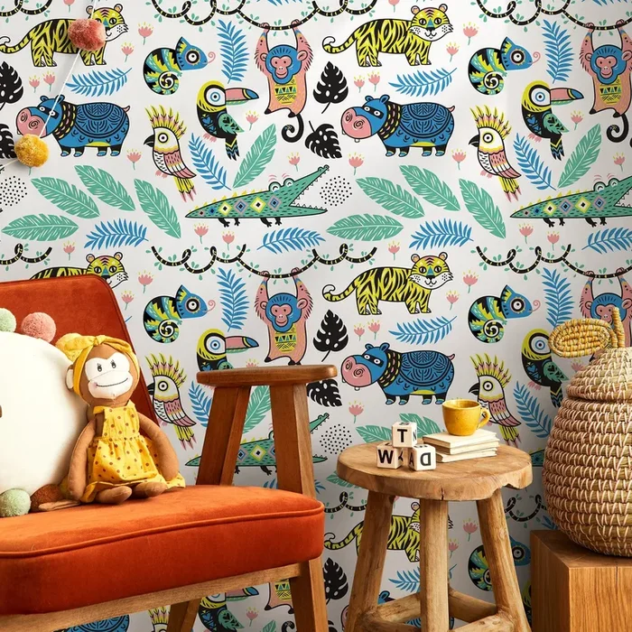 Jungle Wallpaper Featuring Cartoon Jungle Animals In Yellow, Blue, And Green – A095