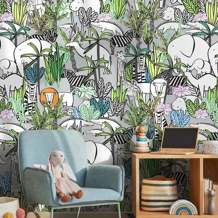 Jungle Wallpaper Featuring Illustrated Safari Animals In Green And Gray – A525