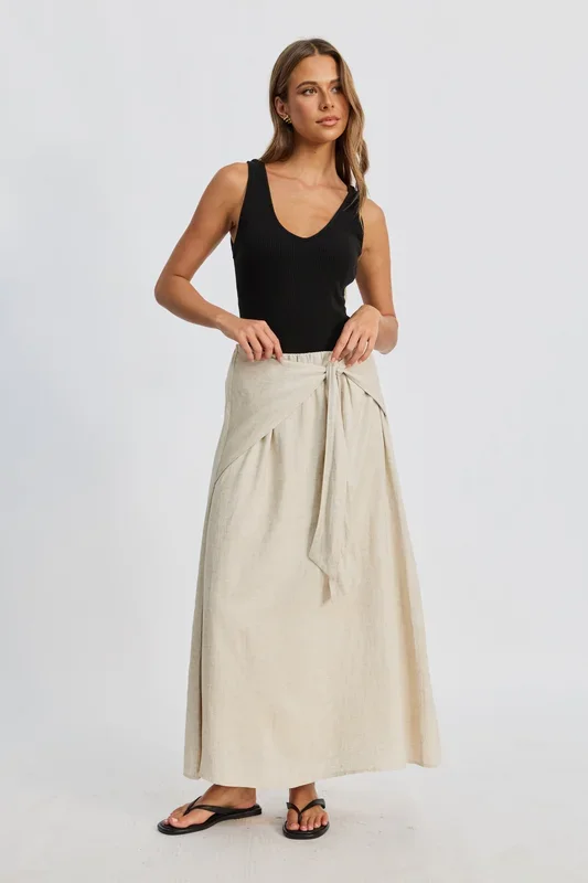 Junie Tie-Front Midi Skirt – Natural