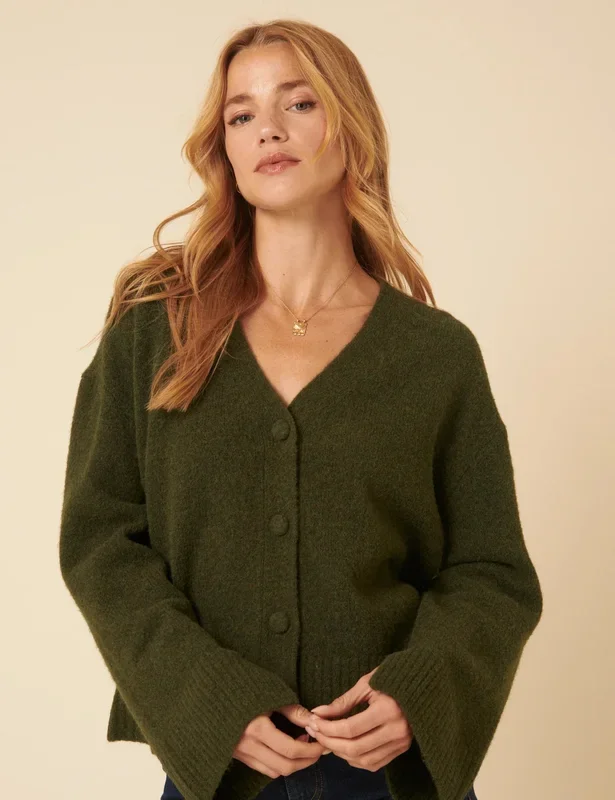 Khaki V-neck Relaxed fit Cardigan