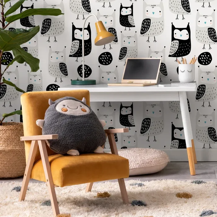 Kids Wallpaper Featuring Hand-drawn Owls In Black, Gray, And Blue – D105