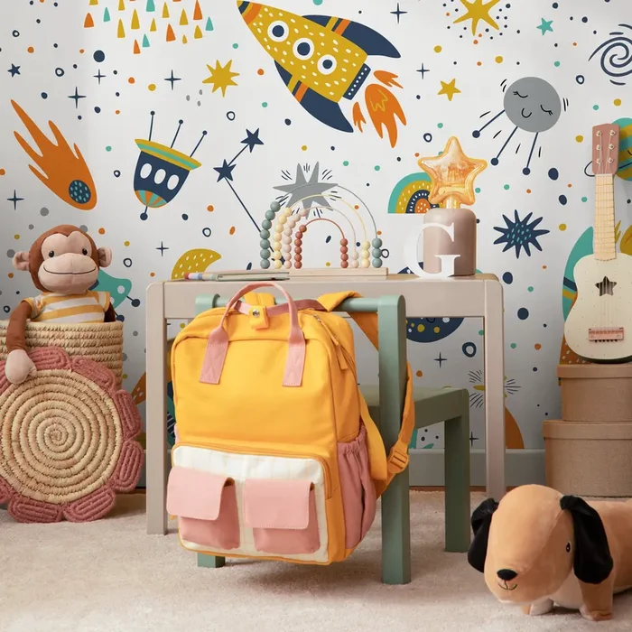 Kids Wallpaper With A Scandinavian Space Motif In Yellow, Orange, And Blue – B524