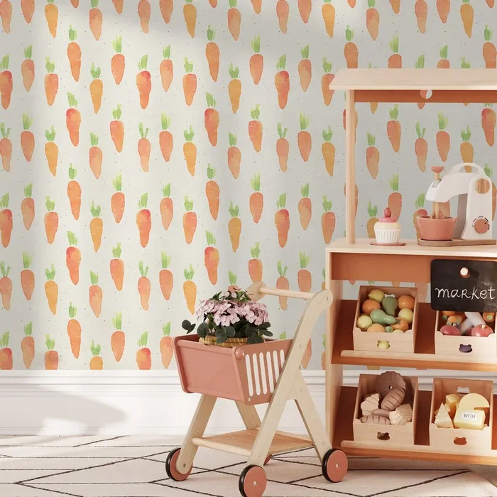 Kids Wallpaper With A Watercolor Carrot Pattern In Orange And Green – A312