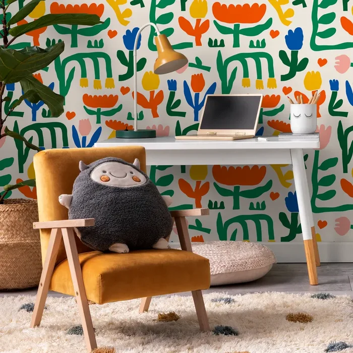 Kids Wallpaper With Abstract Floral Shapes In Green, Orange, And Blue – B895