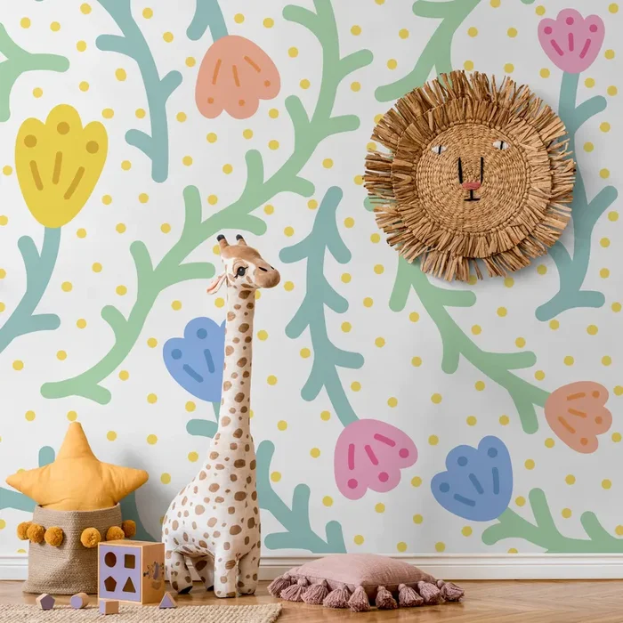 Kids Wallpaper With Abstract Flowers And Dots In Yellow, Blue, And Pink – C474