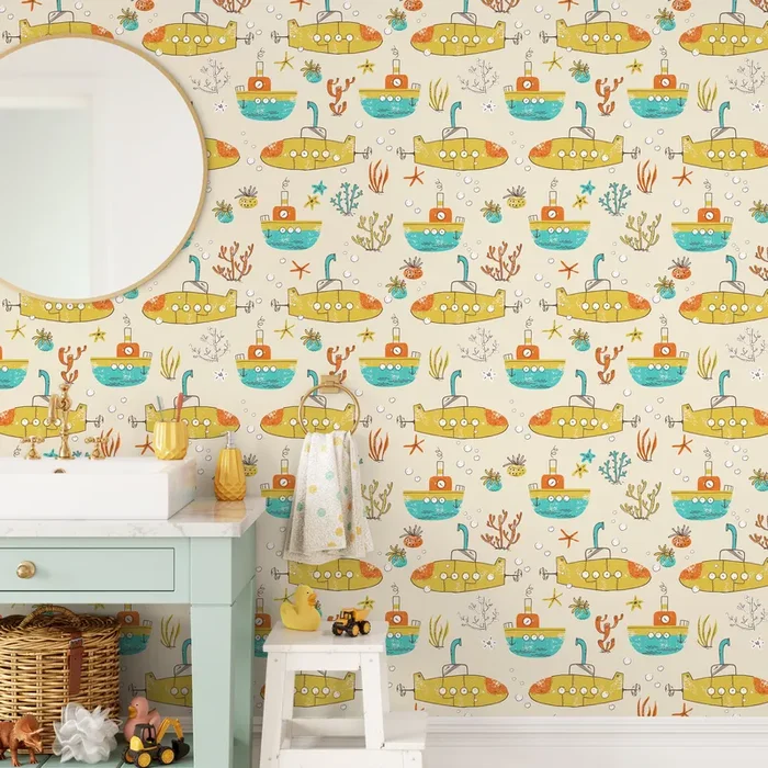 Kids Wallpaper With Illustrated Submarines In Yellow, Teal, And Orange – C319