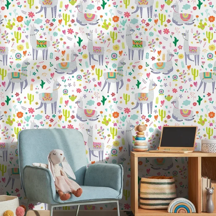 Kids Wallpaper With Whimsical Llamas In Pink, Green, And Orange – A389