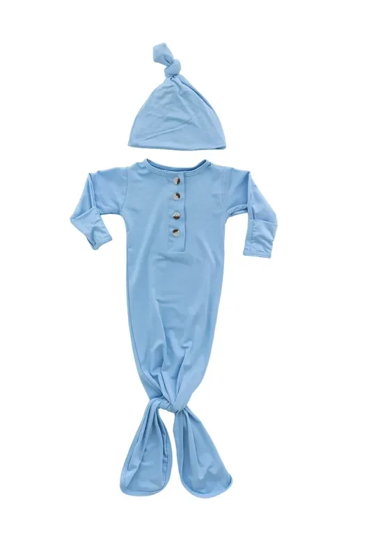 Knotted Baby Gown & Hat Set – Baby Blue (newborn-3 Months)