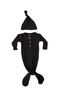 Knotted Baby Gown And Hat Set – Black (newborn-3 Months)