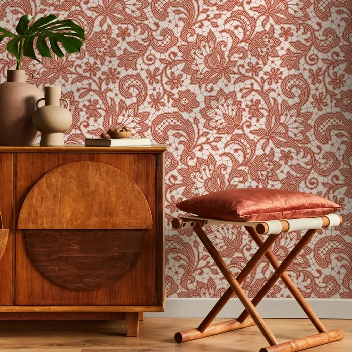 Lace Wallpaper With An Intricate Floral Motif In Terracotta Red – D212
