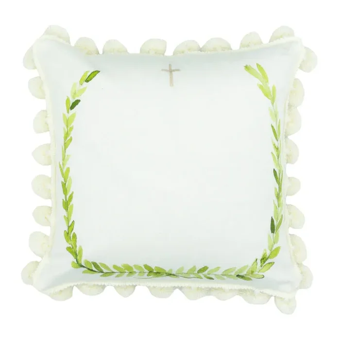 Laurel Wreath W/Cross Pom Pom Pillow