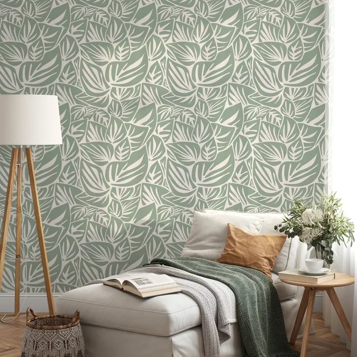 Leaf Wallpaper With A Modern Stylized Leaf Motif In Light Green And Cream – D651