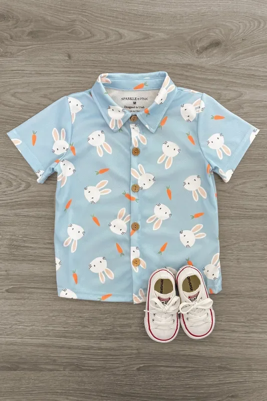 Light Blue Bunny & Carrot Button Down
