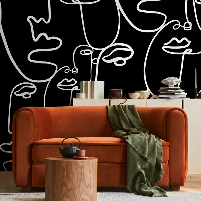 Line Art Wallpaper Featuring Abstract Faces In Black And White – B610