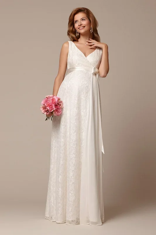 Long maternity wedding dress with lace and sash