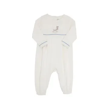 Long Sleeve Bradford Romper- Palmetto Pearl with Barrington Blue & Reindeer Rocking Horse Embroidery