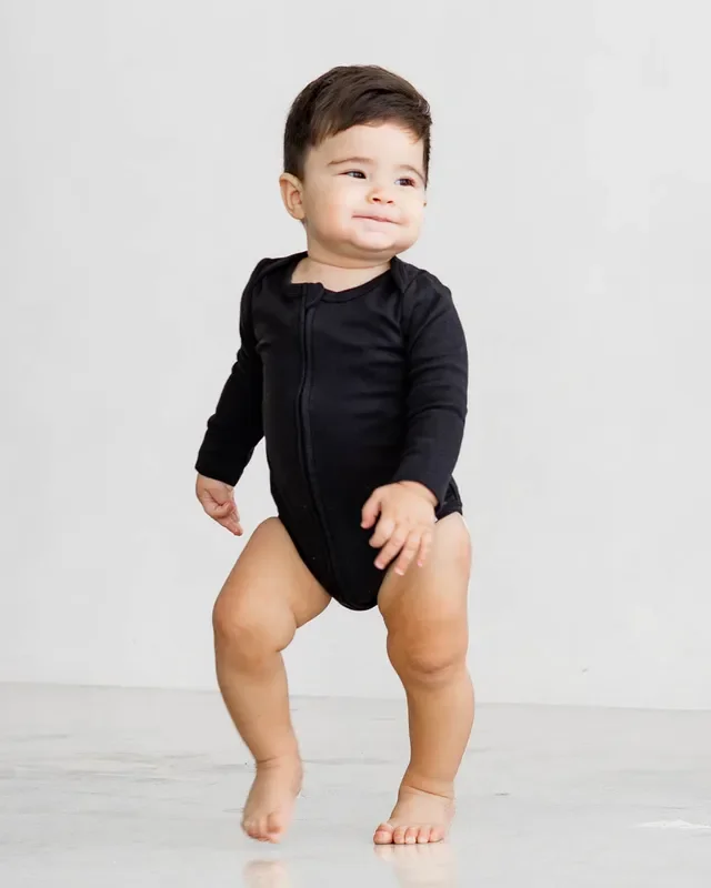 Long Sleeve Zipper Bodysuit In Eclipse, 6-9m