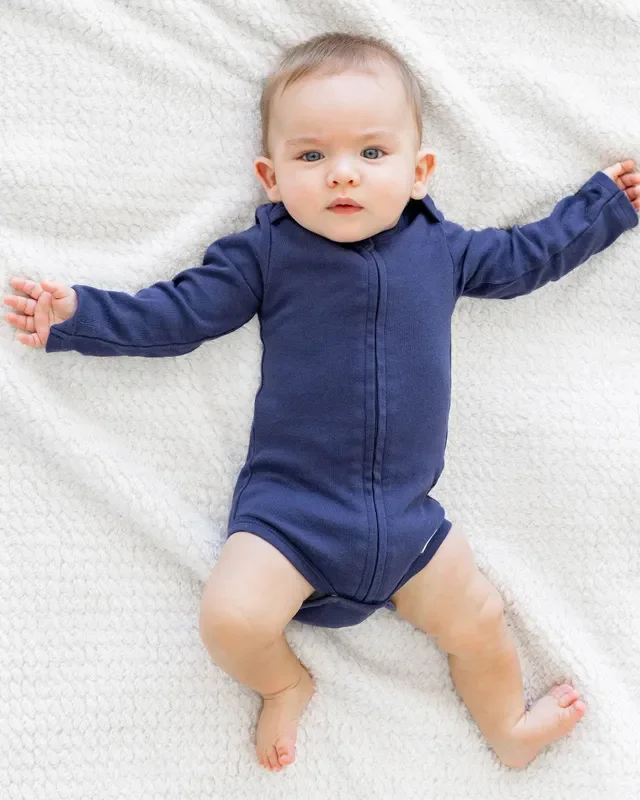 Long Sleeve Zipper Bodysuit In Navy, 6-9m