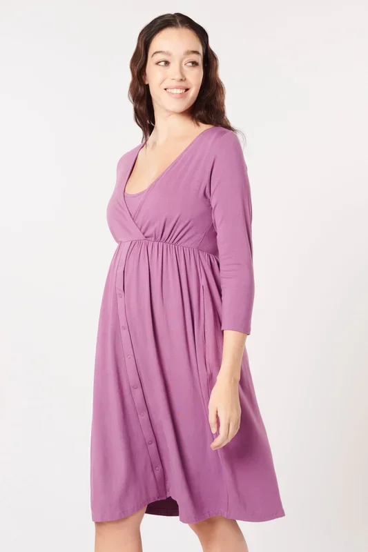 Long-sleeved eco viscose birthing and nursing nightgown with wrap-style neckline, violet