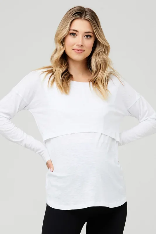 Long-sleeved maternity and nursing shirt, relaxed fit, white