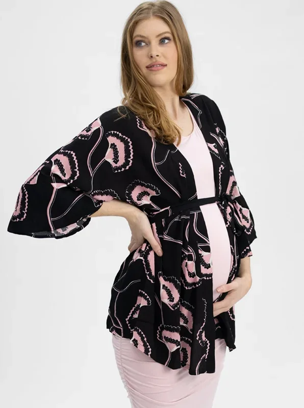 Loose Fitted Kimono Style Top with Waist Tie – Black & Pink