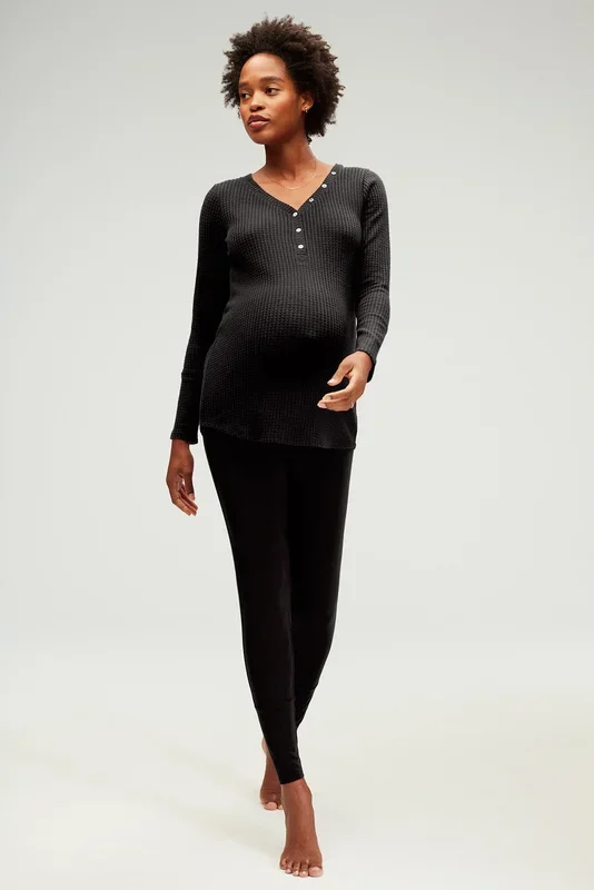 Lounge maternity and nursing pajamas in waffle knit, black