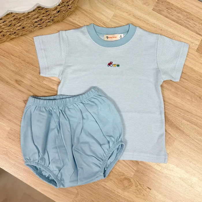 Luigi Kids Powder Blue Stripe Tractor Diaper Set