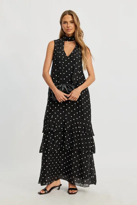 Maisie Polka-Dot Frill Maxi Dress – Black / White