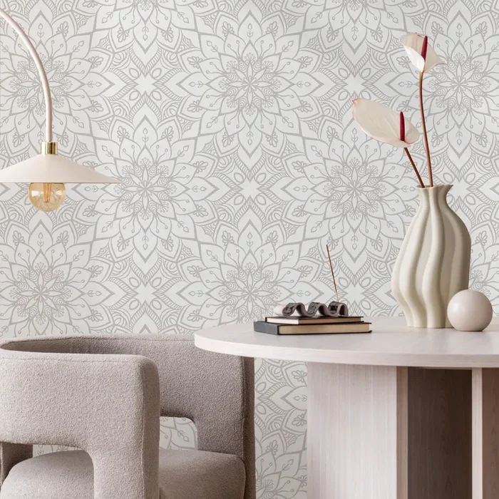 Mandala Wallpaper With An Intricate Medallion In Light Gray – A129