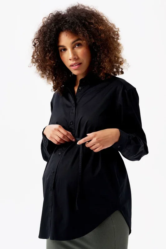 Maternity and nursing blouse with tie belt, black