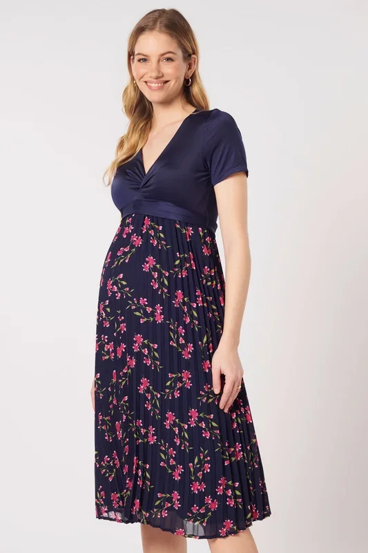 Maternity and nursing dress with pleated skirt, floral print