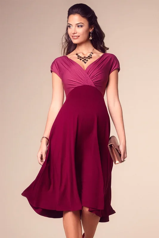 Maternity and nursing dress with wrap neckline, berry