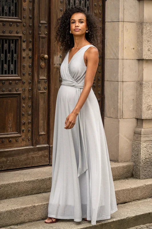 Maternity and nursing gown with lurex glitter effect