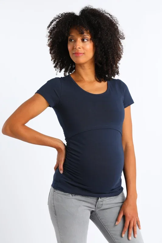 Maternity and nursing shirt made from organic cotton, short sleeves, navy
