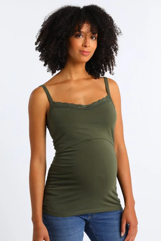 Maternity and nursing top with lace made from organic cotton, khaki
