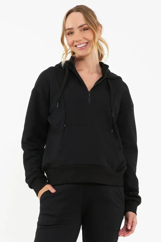 Maternity hoodie with zipper and nursing openings, black