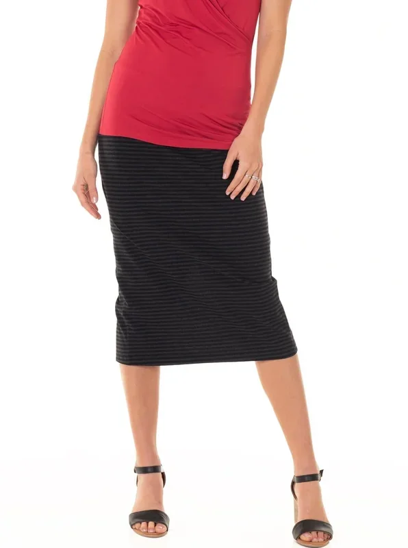 Maternity Midi Straight Cut Skirt – Black & Grey Marle Stripes