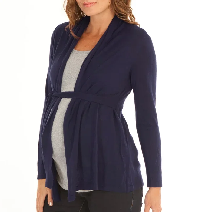 Maternity Roll Collar Knitted Waist Tie Cardigan – French Navy