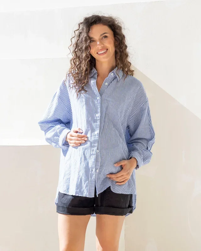 Maternity Roll Up Long Sleeve Shirt – Navy Stripe