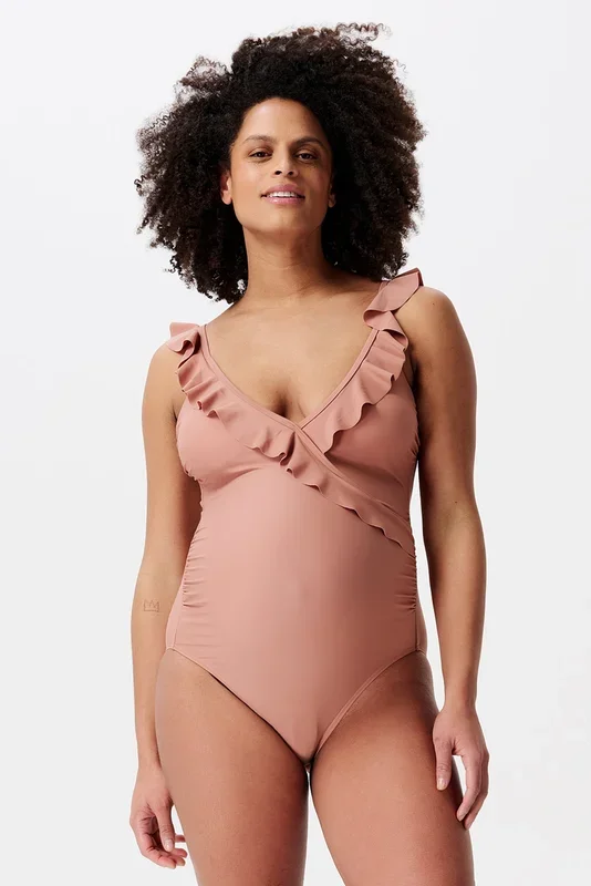 Maternity swimsuit with ruffled straps, terracotta