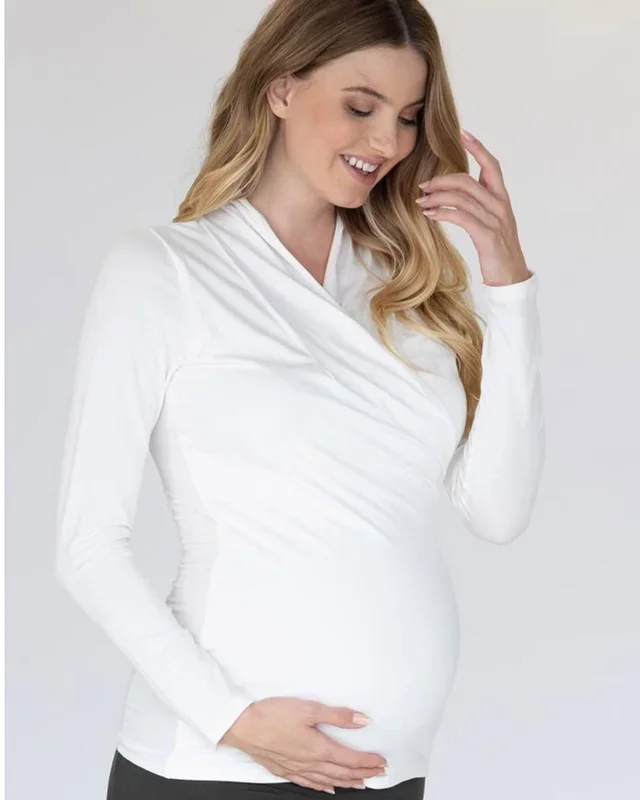 Maternity V-Neck Crossover Bamboo Long Sleeve Top – White