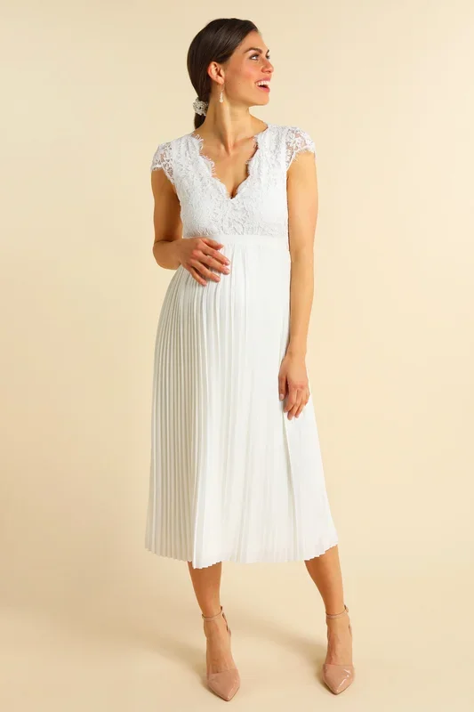 Maternity wedding dress with lace bodice and pleats