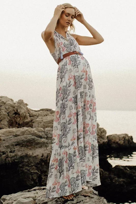 Maxi Umstands- und Stillkleid mit Korallen Print